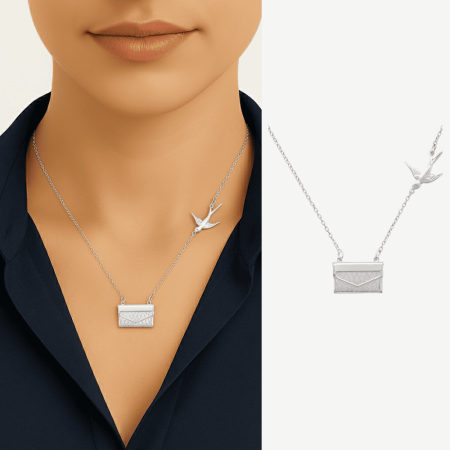 Kadın Çelik Kolye - Posta Güvercini Detaylı - Forse Zincirli - İsme Özel Yazılı - Gümüş Renk - Tesbihane