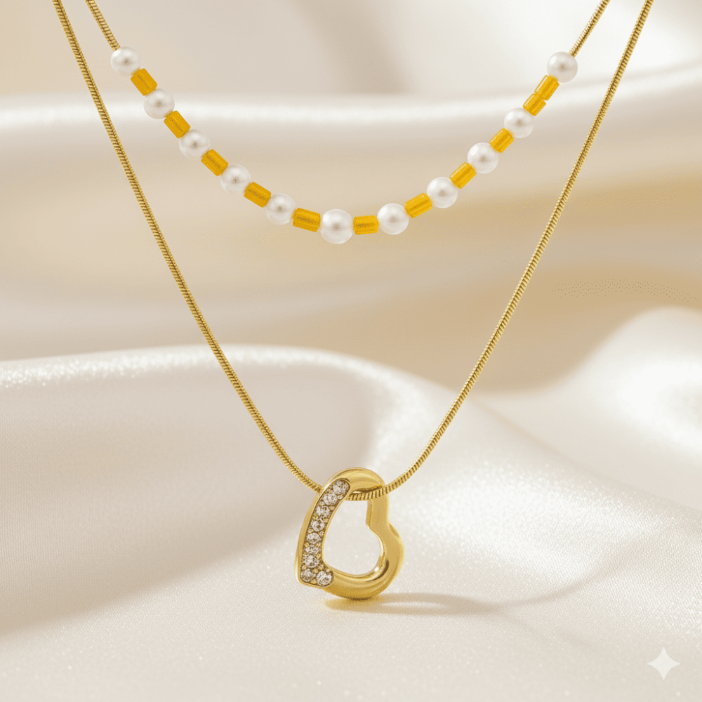 Kadın Çelik Kolye - Snake Zincirli - Kalp Tasarım - İnci Kombinasyonlu - Altın Renk - 3