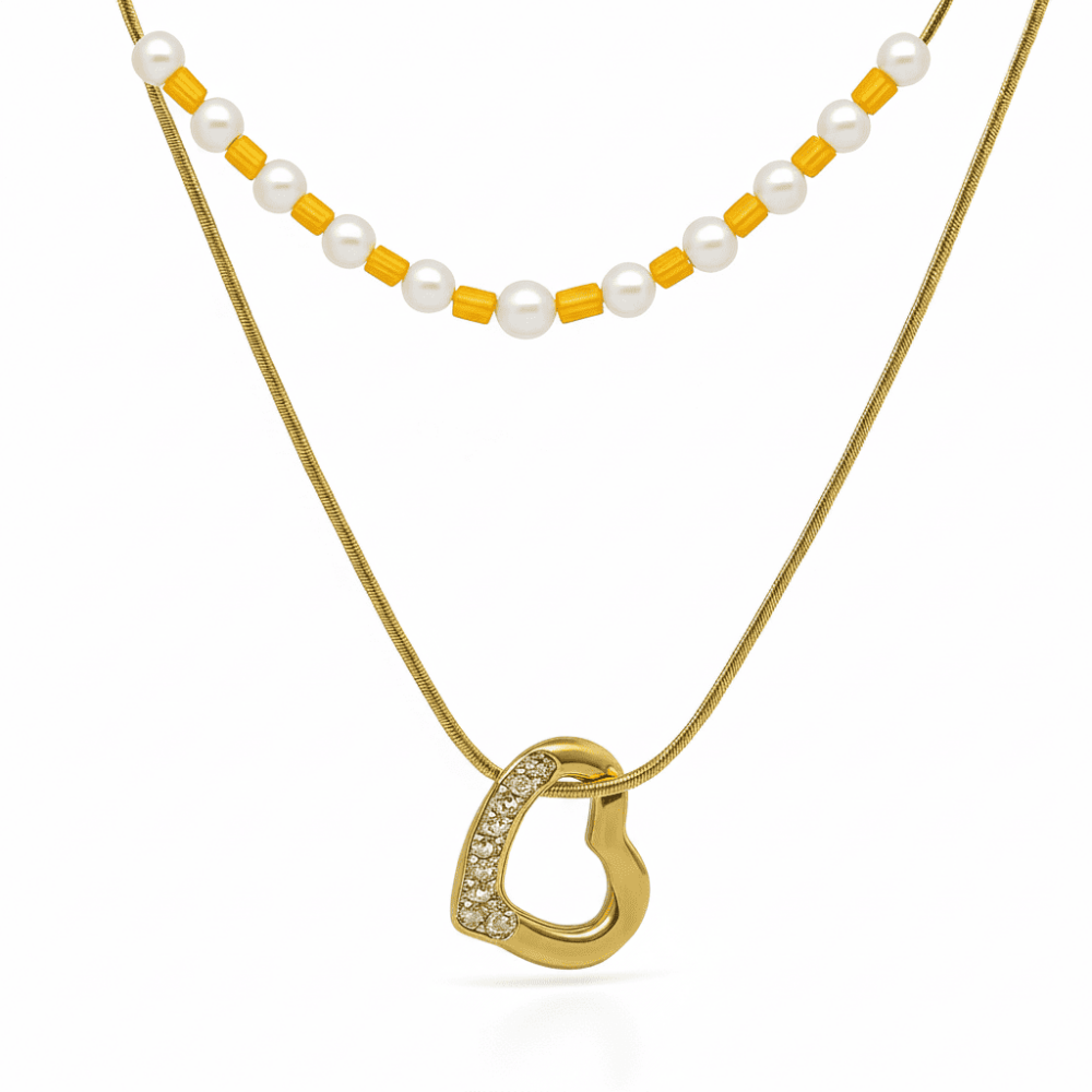 Kadın Çelik Kolye - Snake Zincirli - Kalp Tasarım - İnci Kombinasyonlu - Altın Renk - 4