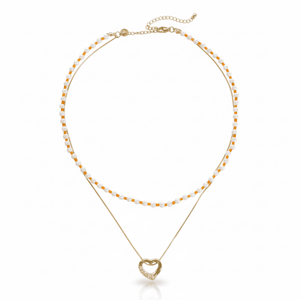 Kadın Çelik Kolye - Snake Zincirli - Kalp Tasarım - İnci Kombinasyonlu - Altın Renk - 5