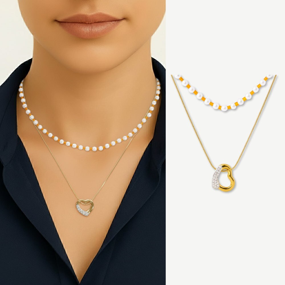 Kadın Çelik Kolye - Snake Zincirli - Kalp Tasarım - İnci Kombinasyonlu - Altın Renk - 1