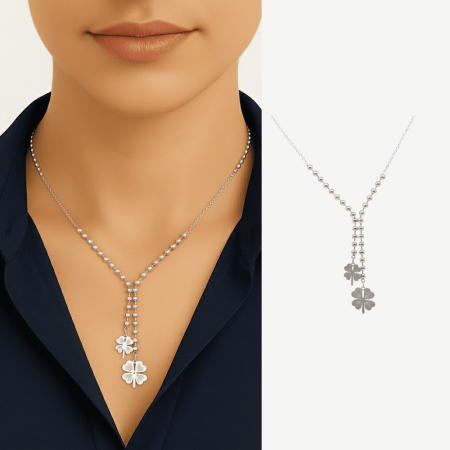 Kadın Çelik Kolye - Toplu Forse Zincirli - İkili Yonca Yaprağı Tasarım - Gümüş Renk - Tesbihane