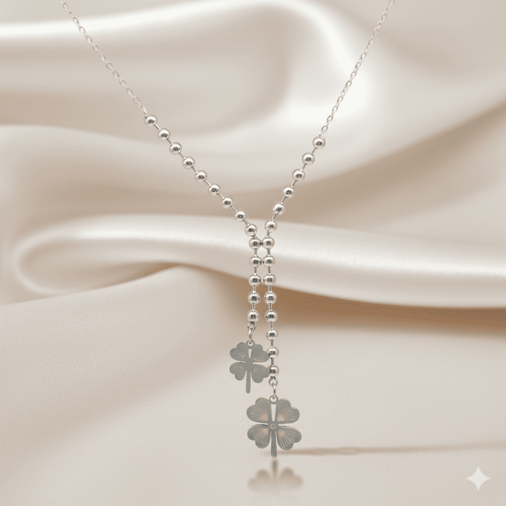 Kadın Çelik Kolye - Toplu Forse Zincirli - İkili Yonca Yaprağı Tasarım - Gümüş Renk - 3