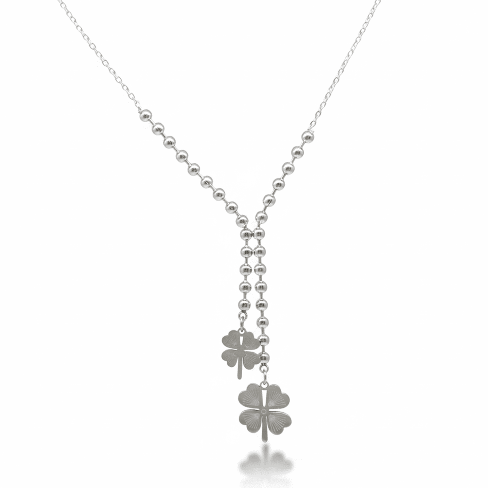 Kadın Çelik Kolye - Toplu Forse Zincirli - İkili Yonca Yaprağı Tasarım - Gümüş Renk - 4