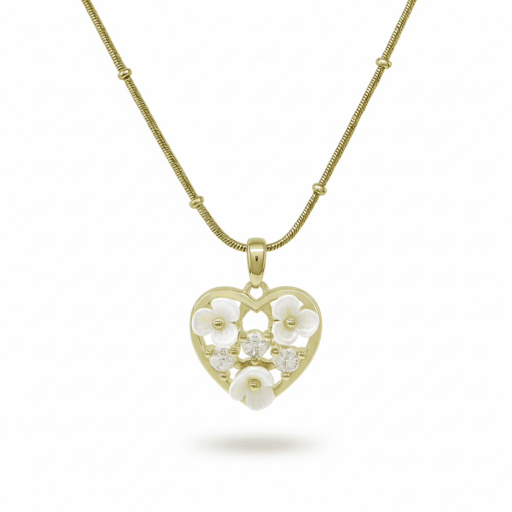 Kadın Çelik Kolye - Toplu Snake Zincirli - Kalp Tasarım - Kır Çiçeği Süslemeli - Altın Renk - 4