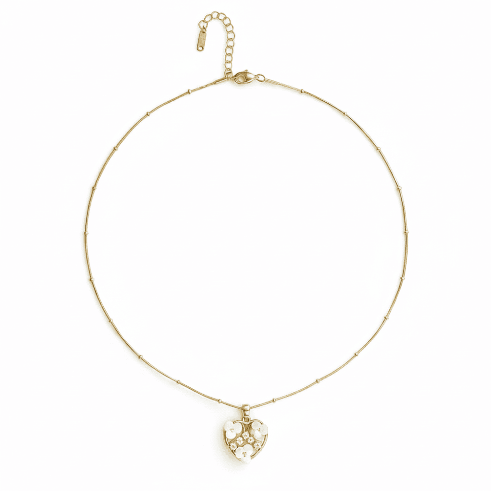 Kadın Çelik Kolye - Toplu Snake Zincirli - Kalp Tasarım - Kır Çiçeği Süslemeli - Altın Renk - 5
