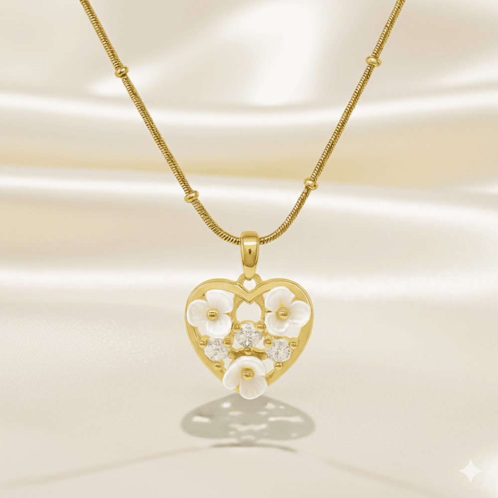 Kadın Çelik Kolye - Toplu Snake Zincirli - Kalp Tasarım - Kır Çiçeği Süslemeli - Altın Renk - 3