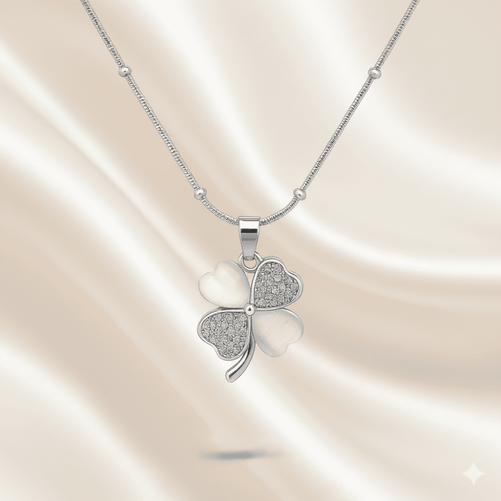 Kadın Çelik Kolye - Toplu Snake Zincirli - Yonca Yaprağı Tasarım - Beyaz Zirkon Taşlı - Gümüş Renk - 3