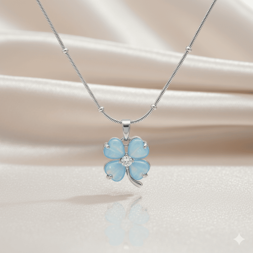 Kadın Çelik Kolye - Toplu Snake Zincirli - Yonca Yaprağı Tasarım - Mavi Mineli - Gümüş Renk - 3