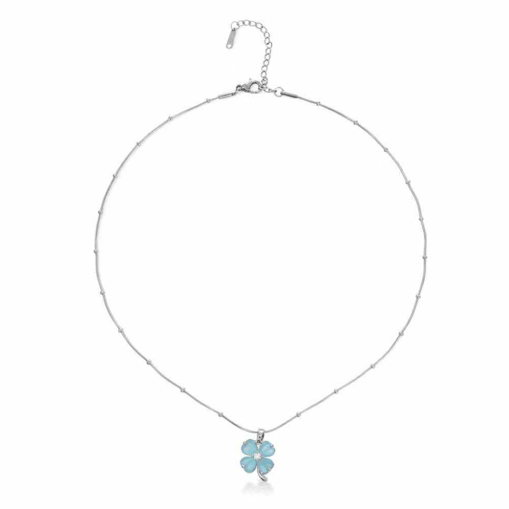 Kadın Çelik Kolye - Toplu Snake Zincirli - Yonca Yaprağı Tasarım - Mavi Mineli - Gümüş Renk - 5