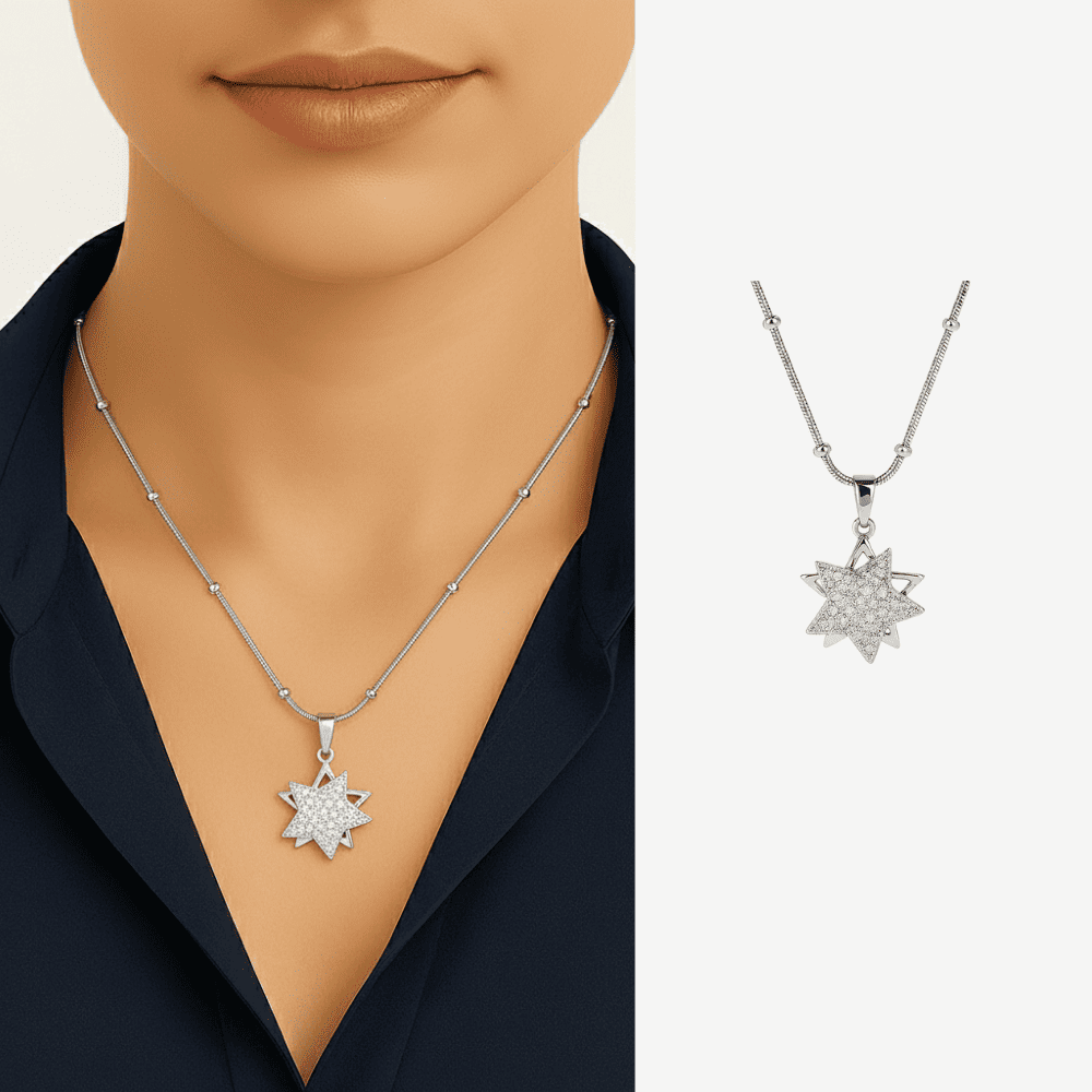 Kadın Çelik Kolye - Yıldız Tasarım - Beyaz Zirkon Taşlı - Stres Çarkı Model - Gümüş Renk - 1