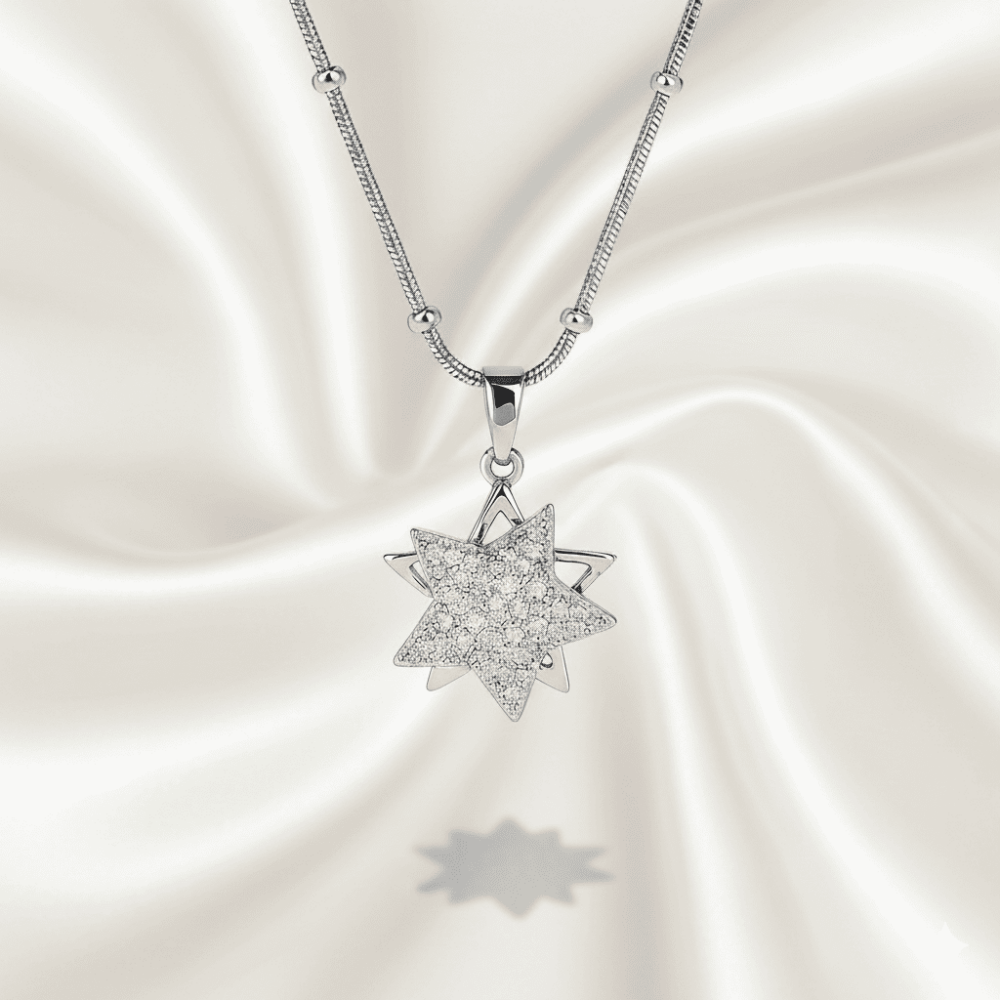 Kadın Çelik Kolye - Yıldız Tasarım - Beyaz Zirkon Taşlı - Stres Çarkı Model - Gümüş Renk - 3