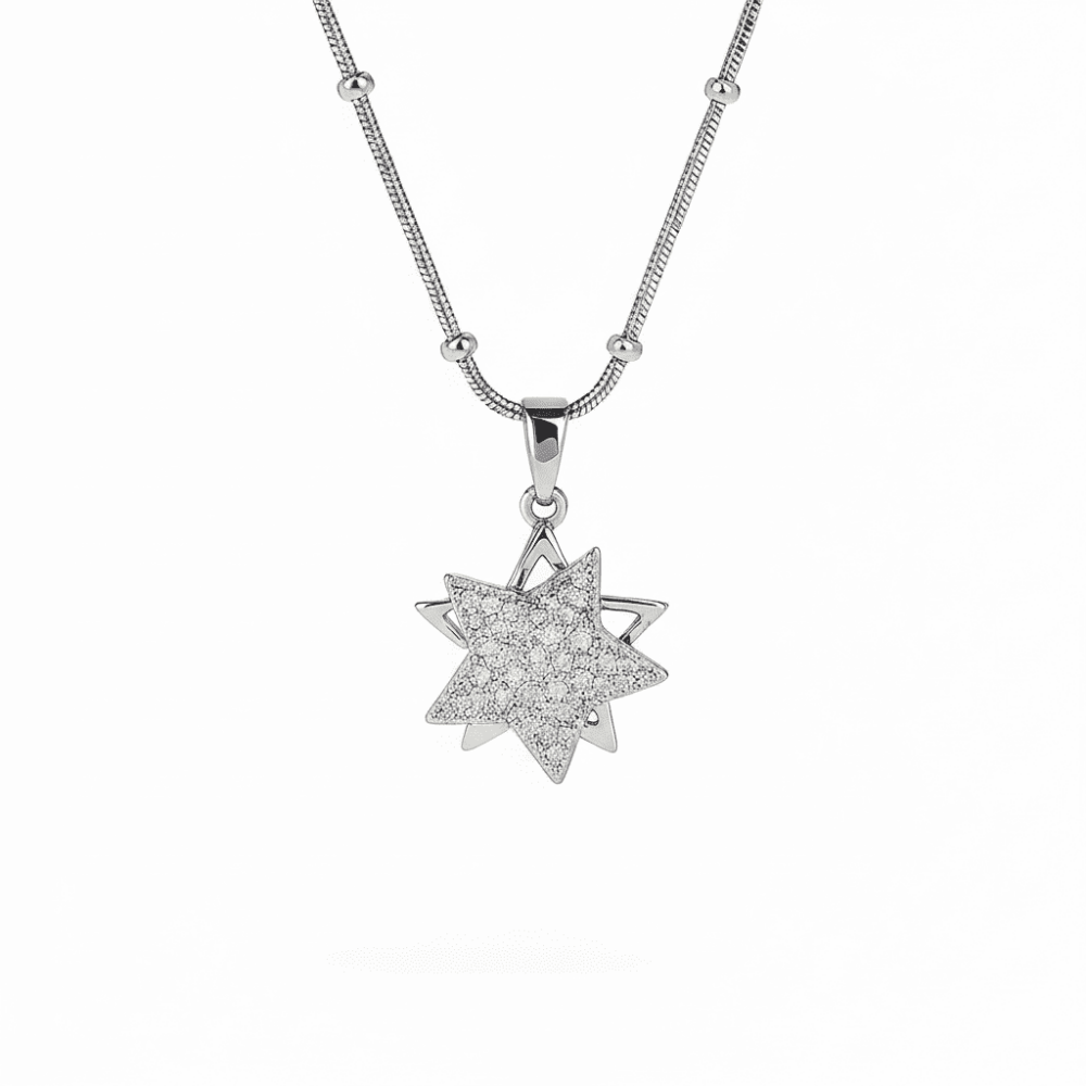 Kadın Çelik Kolye - Yıldız Tasarım - Beyaz Zirkon Taşlı - Stres Çarkı Model - Gümüş Renk - 4