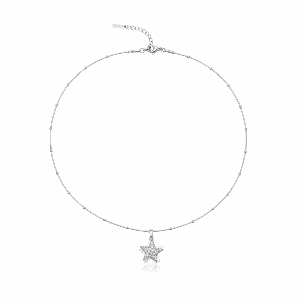 Kadın Çelik Kolye - Yıldız Tasarım - Beyaz Zirkon Taşlı - Stres Çarkı Model - Gümüş Renk - 5