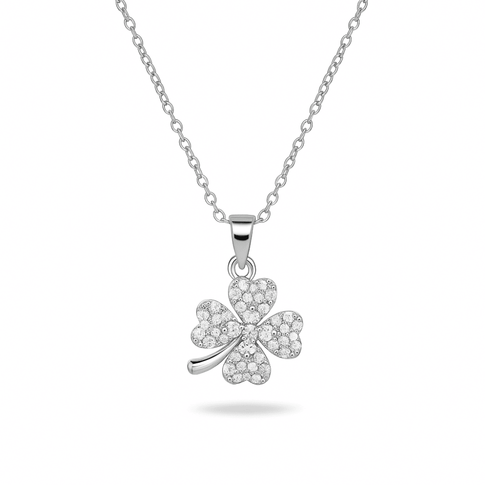 Kadın Çelik Kolye - Yonca Yaprağı Tasarım - Baget Kesim - Beyaz Zirkon Taşlı - Gümüş Renk - 4