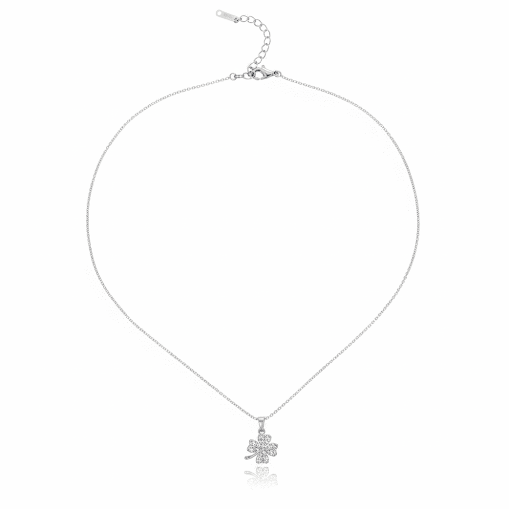 Kadın Çelik Kolye - Yonca Yaprağı Tasarım - Baget Kesim - Beyaz Zirkon Taşlı - Gümüş Renk - 5