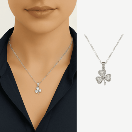 Kadın Çelik Kolye - Yonca Yaprağı Tasarım - Beyaz Zirkon Taşlı - Gümüş Renk - Tesbihane