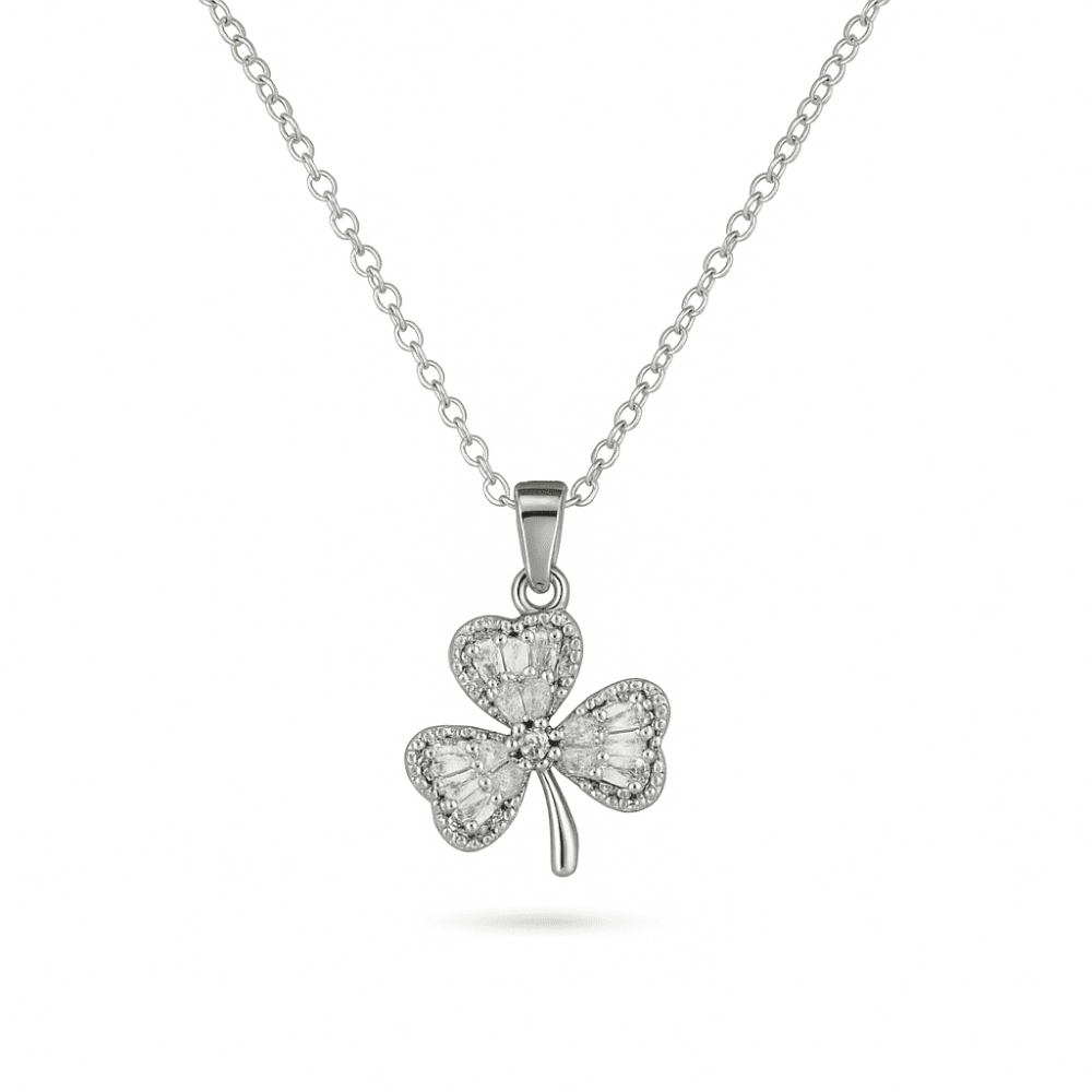 Kadın Çelik Kolye - Yonca Yaprağı Tasarım - Beyaz Zirkon Taşlı - Gümüş Renk - 4