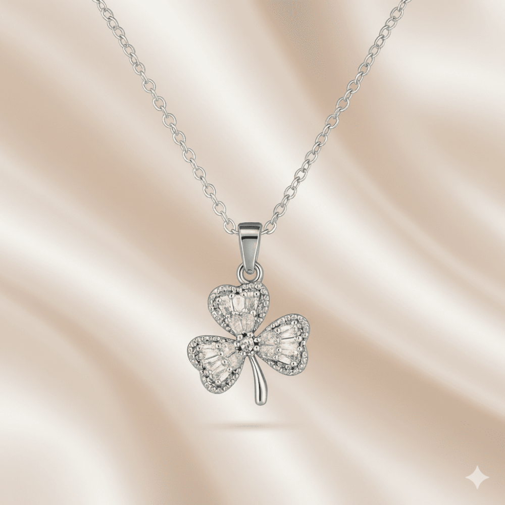 Kadın Çelik Kolye - Yonca Yaprağı Tasarım - Beyaz Zirkon Taşlı - Gümüş Renk - 3