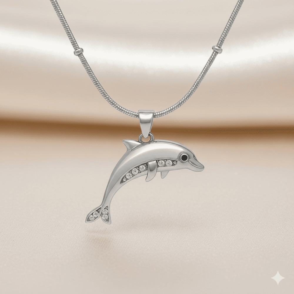 Kadın Çelik Kolye - Yunus Balığı Tasarım - Toplu Snake Zincirli - Beyaz Zirkon Taşlı - Gümüş Renk - 3