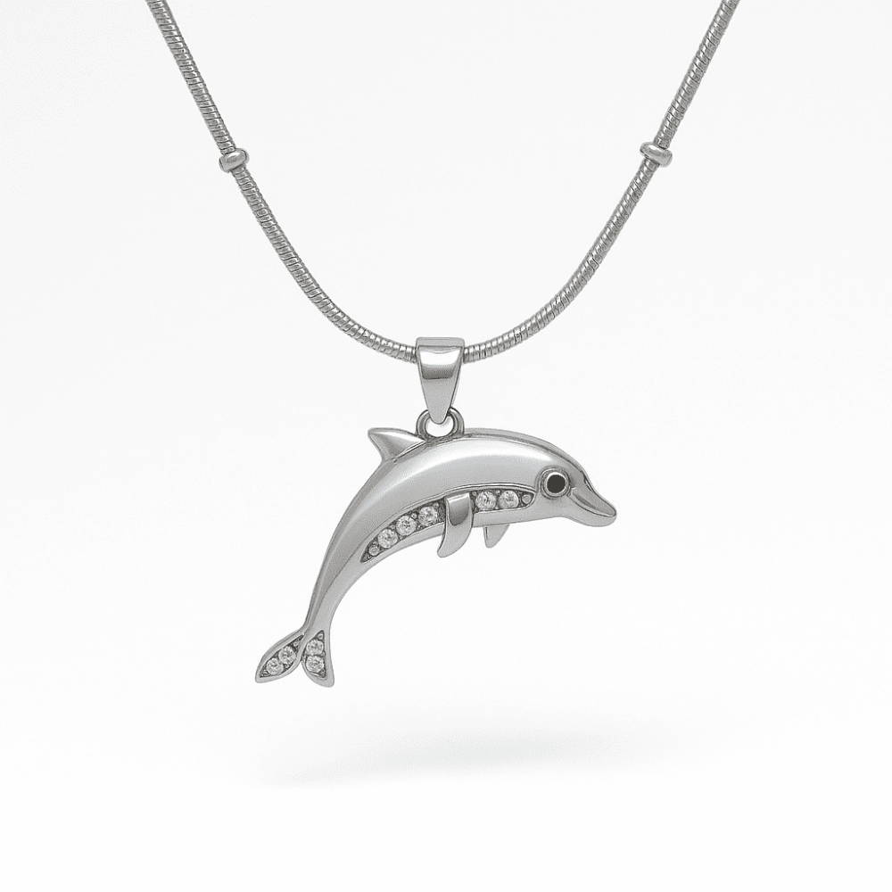 Kadın Çelik Kolye - Yunus Balığı Tasarım - Toplu Snake Zincirli - Beyaz Zirkon Taşlı - Gümüş Renk - 4