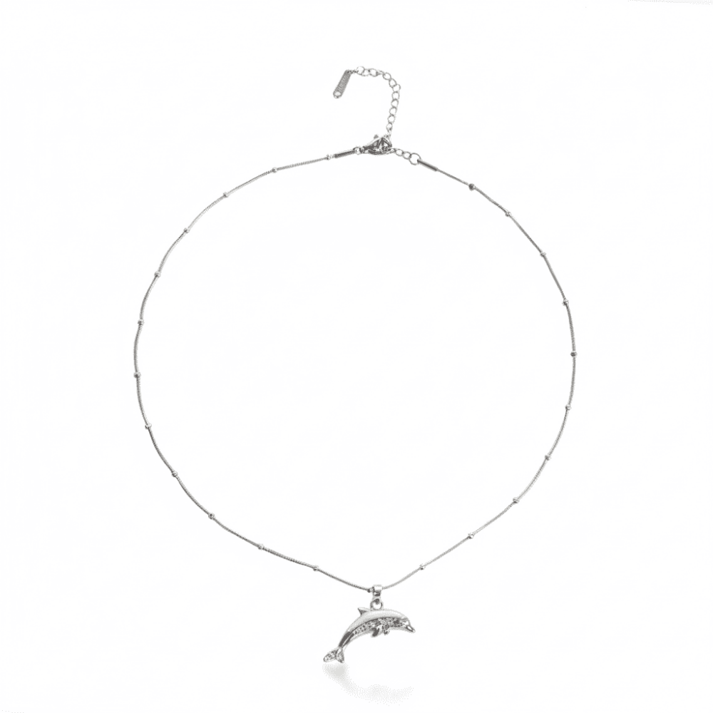 Kadın Çelik Kolye - Yunus Balığı Tasarım - Toplu Snake Zincirli - Beyaz Zirkon Taşlı - Gümüş Renk - 5