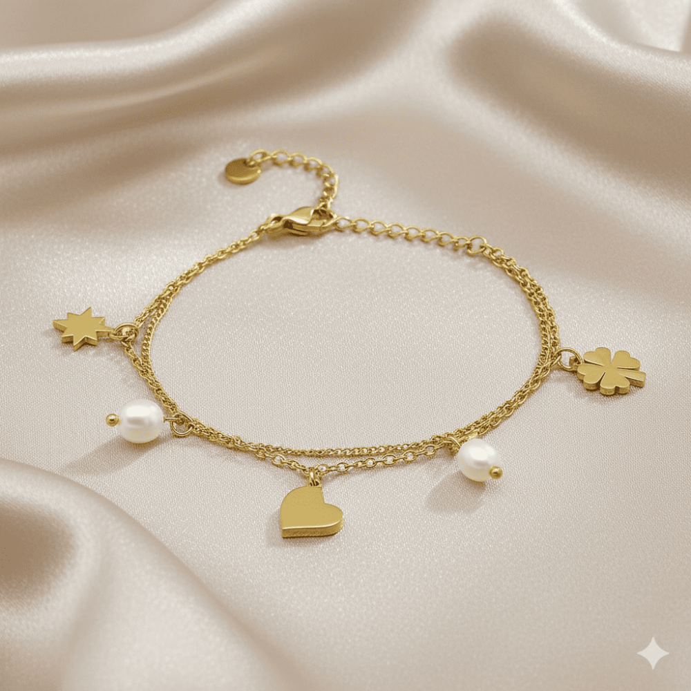 Kadın Çelik Şans Bilekliği - Gurmet Forsa Zincirli - İnci Süslemeli - Altın Renk - 3