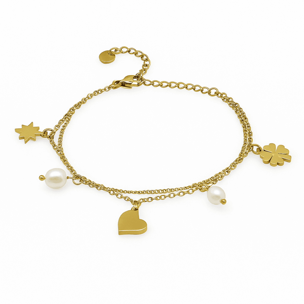 Kadın Çelik Şans Bilekliği - Gurmet Forsa Zincirli - İnci Süslemeli - Altın Renk - 4