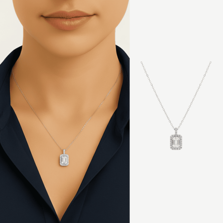 Kadın Çelik Tek Taş Kolye - Baget Zirkon Taşlı - Forse Zincirli - Gümüş Renk - Tesbihane