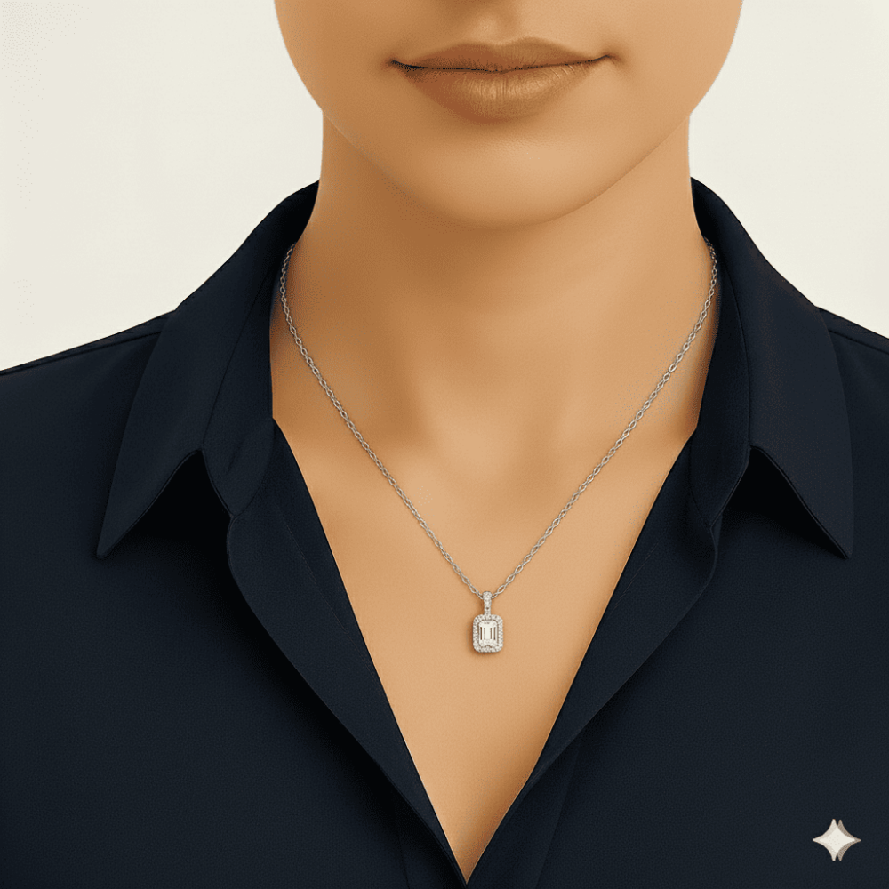 Kadın Çelik Tek Taş Kolye - Baget Zirkon Taşlı - Forse Zincirli - Gümüş Renk - 2