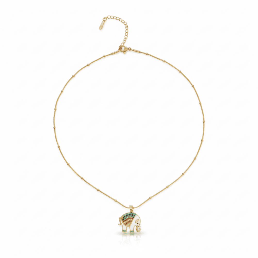 Kadın Çelik Tek Taş Kolye - Fil Detaylı - Renkli Zirkon Taşlı - Snake Zincirli - Altın Renk - 5