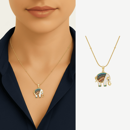 Kadın Çelik Tek Taş Kolye - Fil Detaylı - Renkli Zirkon Taşlı - Snake Zincirli - Altın Renk - Tesbihane