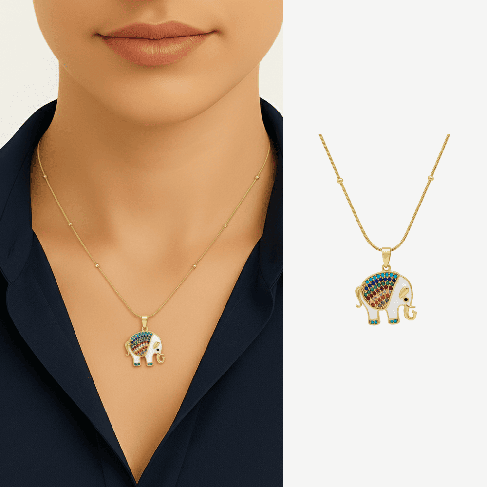 Kadın Çelik Tek Taş Kolye - Fil Detaylı - Renkli Zirkon Taşlı - Snake Zincirli - Altın Renk - 1