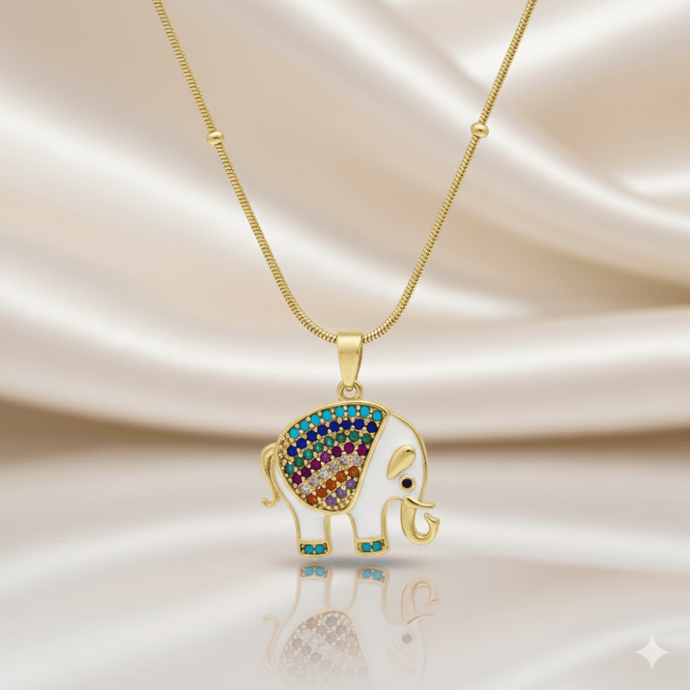 Kadın Çelik Tek Taş Kolye - Fil Detaylı - Renkli Zirkon Taşlı - Snake Zincirli - Altın Renk - 3