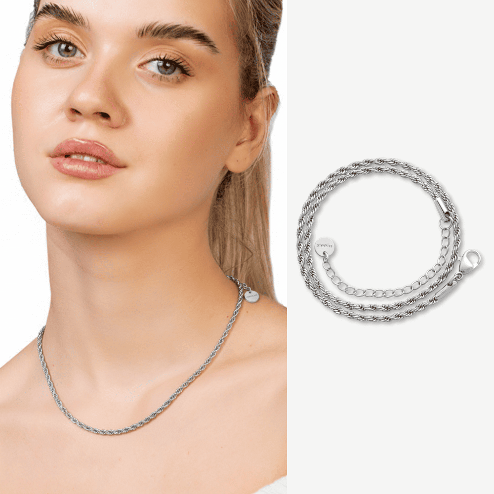 Kadın Çelik Zincir - Burma Model - Gümüş Renk - 40 cm Uzunluk - 1,5 mm Genişlik - 1