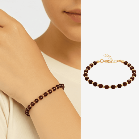 Kadın Doğal Damla Kehribar Bileklik - Kırmızı - Küre Kesim - Dorika Top Süslemeli - Çelik Zincirli - Tesbihane