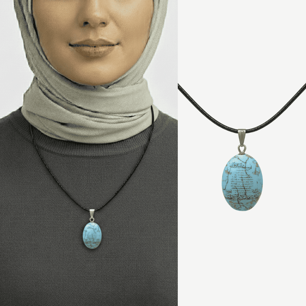 Kadın Firuze Doğaltaş Cevşen Kolye - Hilye-i Şerif Yazılı - Elips Tasarım - Turkuaz Renk - 1