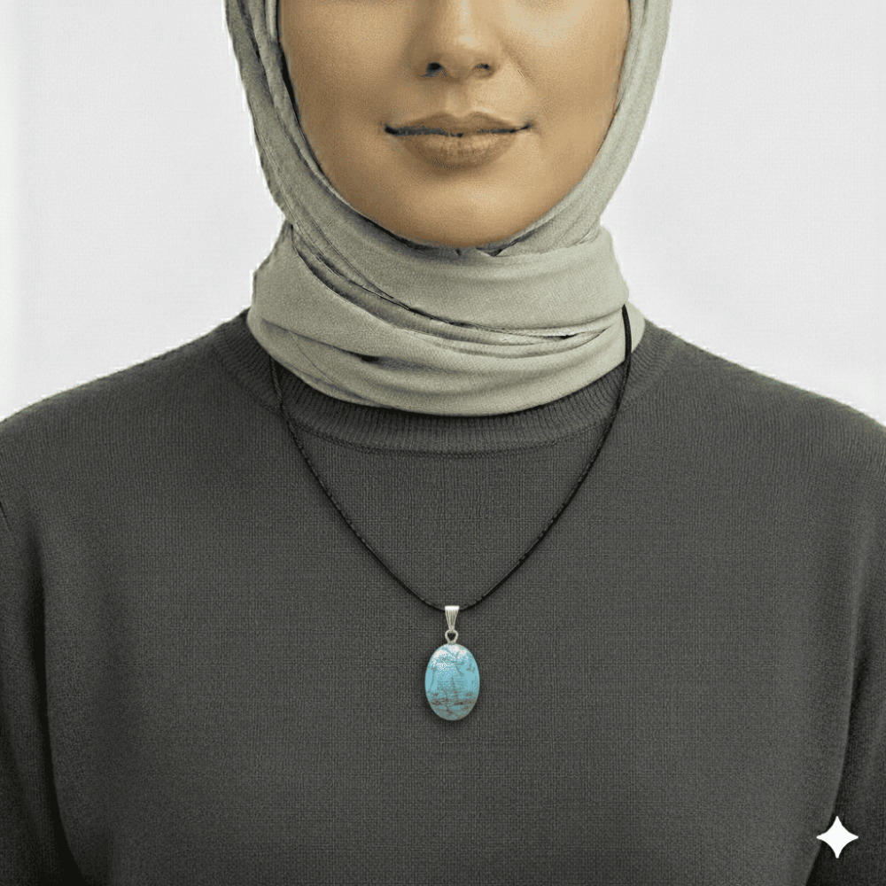 Kadın Firuze Doğaltaş Cevşen Kolye - Hilye-i Şerif Yazılı - Elips Tasarım - Turkuaz Renk - 2