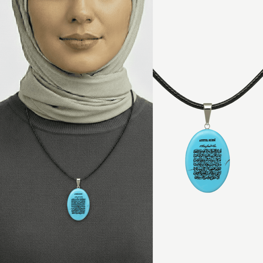 Kadın Firuze Doğaltaş Cevşen Kolye - Üzeri Ayetel Kürsi Yazılı - Elips Tasarım - Turkuaz Renk - 1