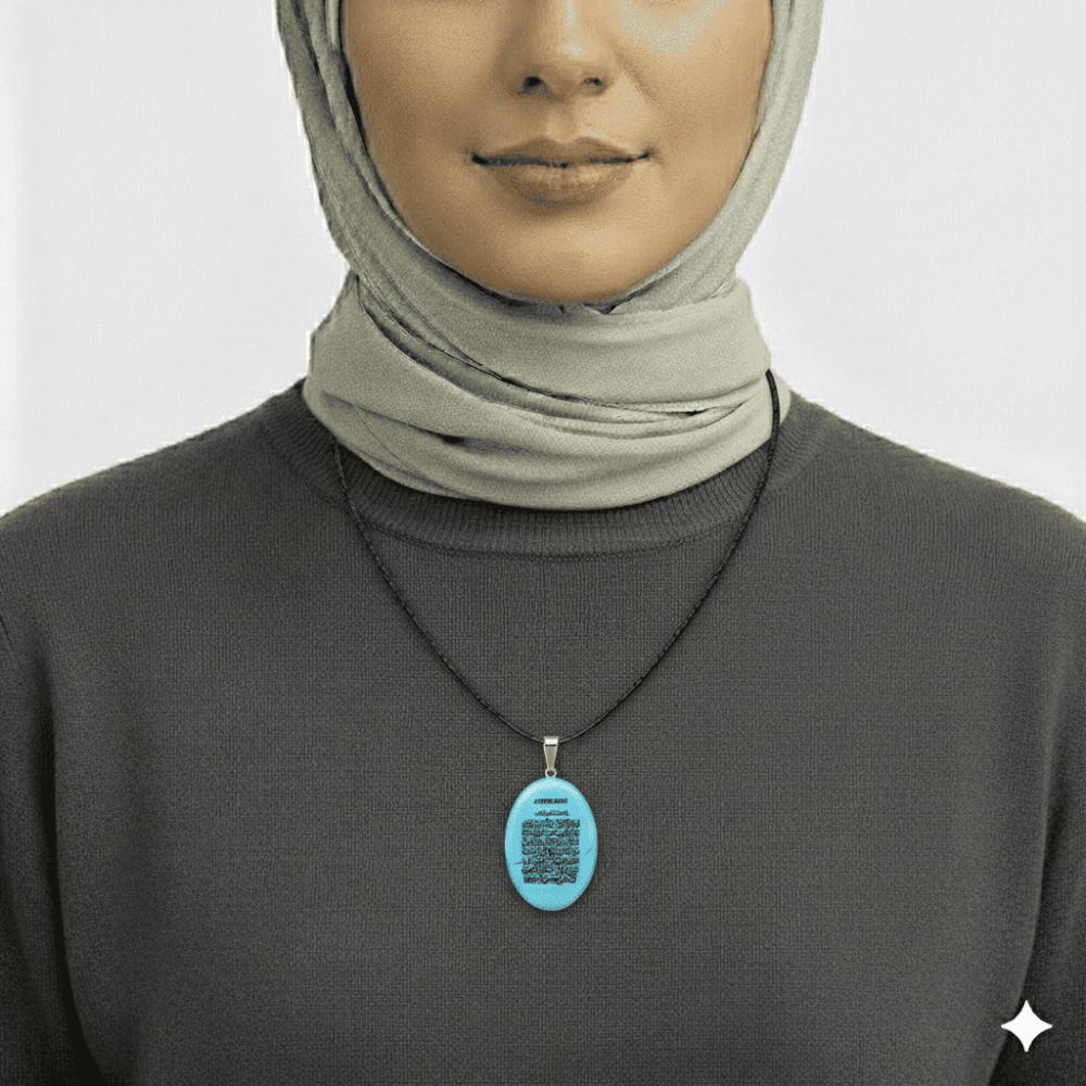 Kadın Firuze Doğaltaş Cevşen Kolye - Üzeri Ayetel Kürsi Yazılı - Elips Tasarım - Turkuaz Renk - 2