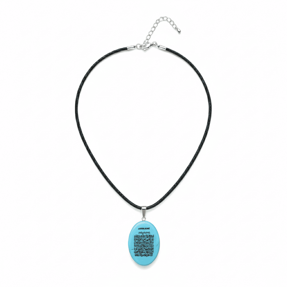 Kadın Firuze Doğaltaş Cevşen Kolye - Üzeri Ayetel Kürsi Yazılı - Elips Tasarım - Turkuaz Renk - 3