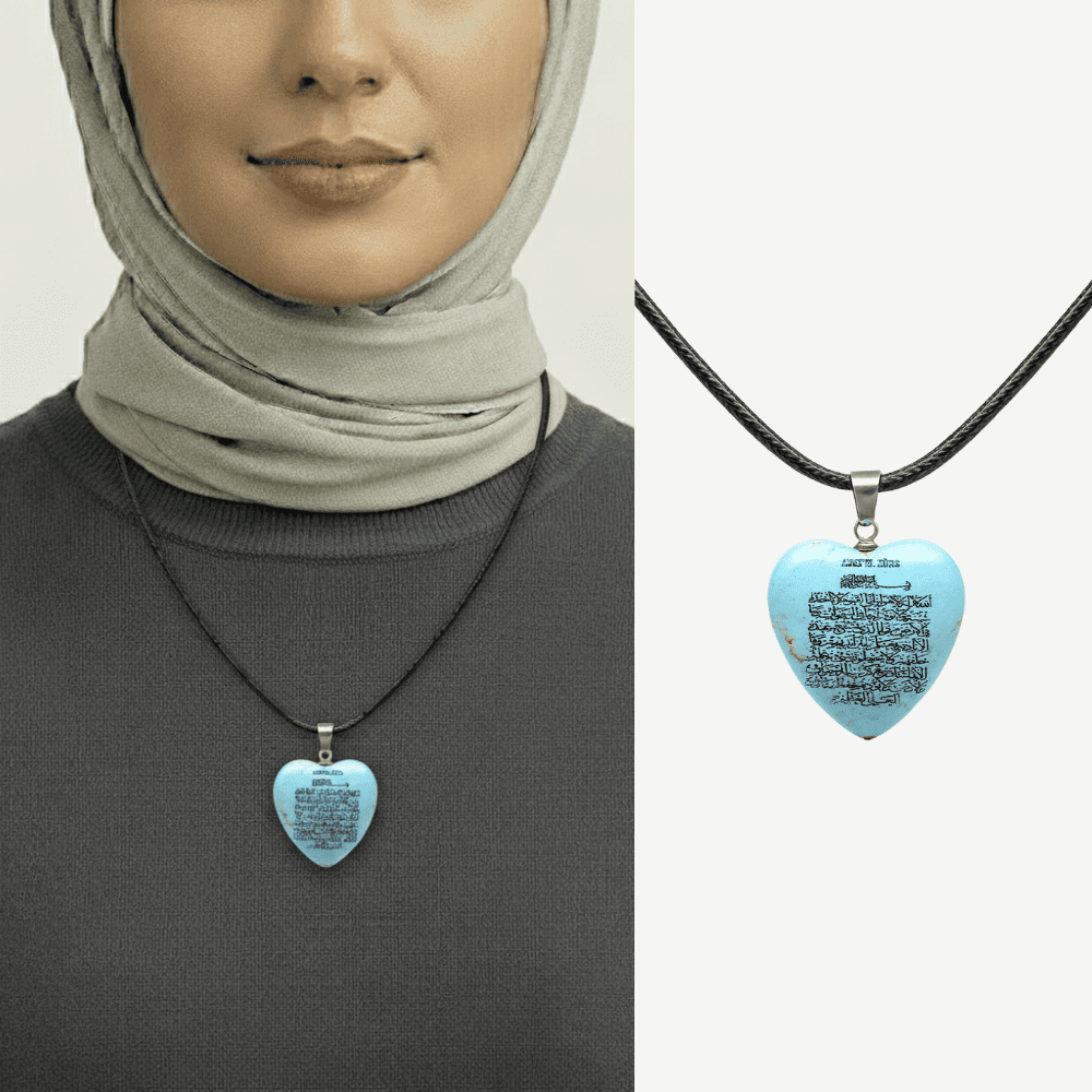 Kadın Firuze Doğaltaş Cevşen Kolye - Üzeri Ayetel Kürsi Yazılı - Kalp Tasarım - Turkuaz Renk - 1