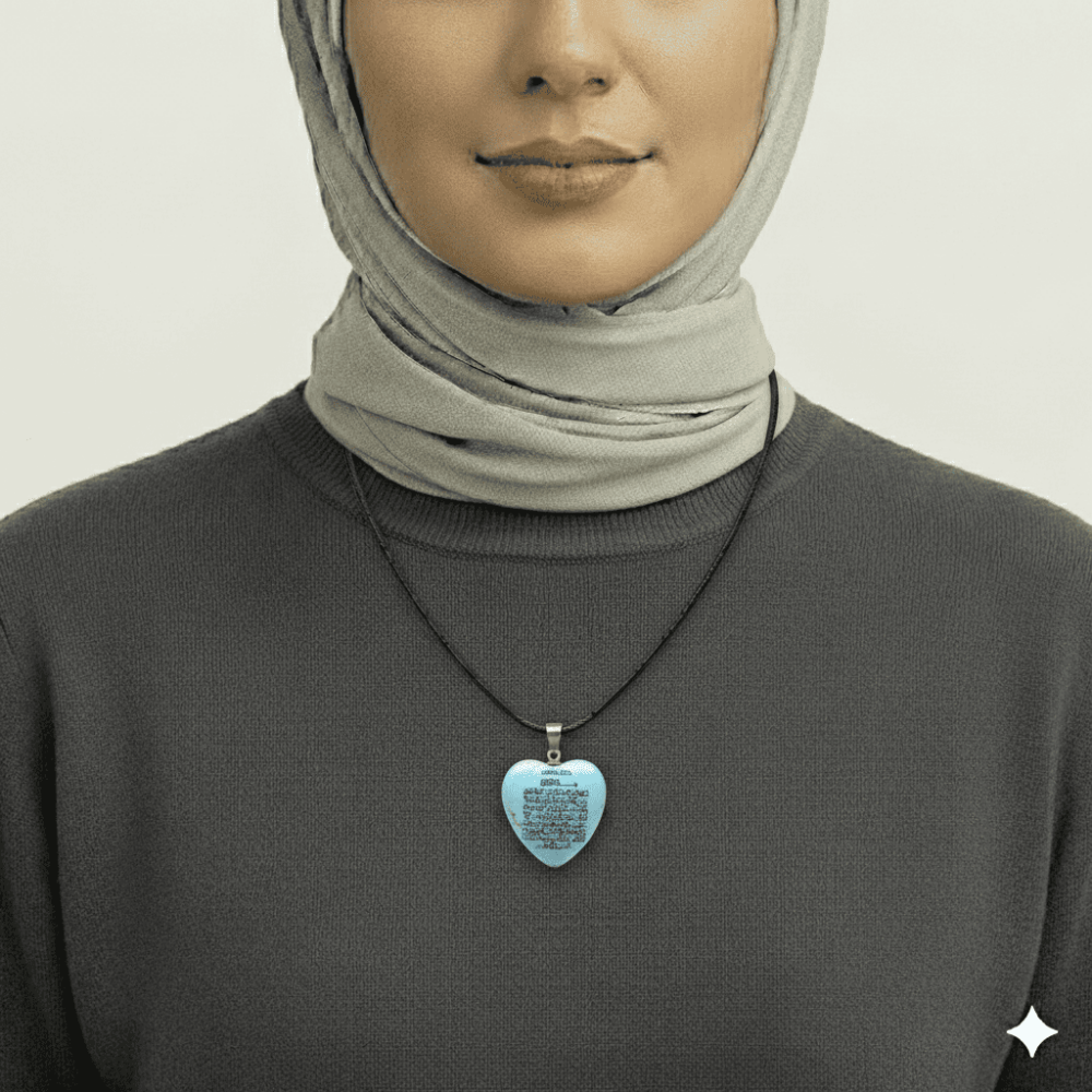 Kadın Firuze Doğaltaş Cevşen Kolye - Üzeri Ayetel Kürsi Yazılı - Kalp Tasarım - Turkuaz Renk - 2