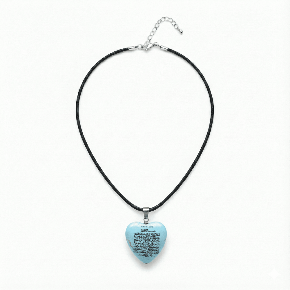 Kadın Firuze Doğaltaş Cevşen Kolye - Üzeri Ayetel Kürsi Yazılı - Kalp Tasarım - Turkuaz Renk - 3