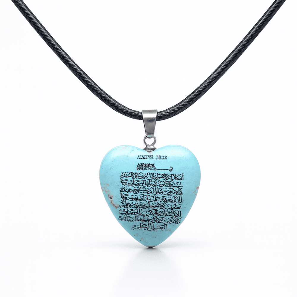 Kadın Firuze Doğaltaş Cevşen Kolye - Üzeri Ayetel Kürsi Yazılı - Kalp Tasarım - Turkuaz Renk - 4