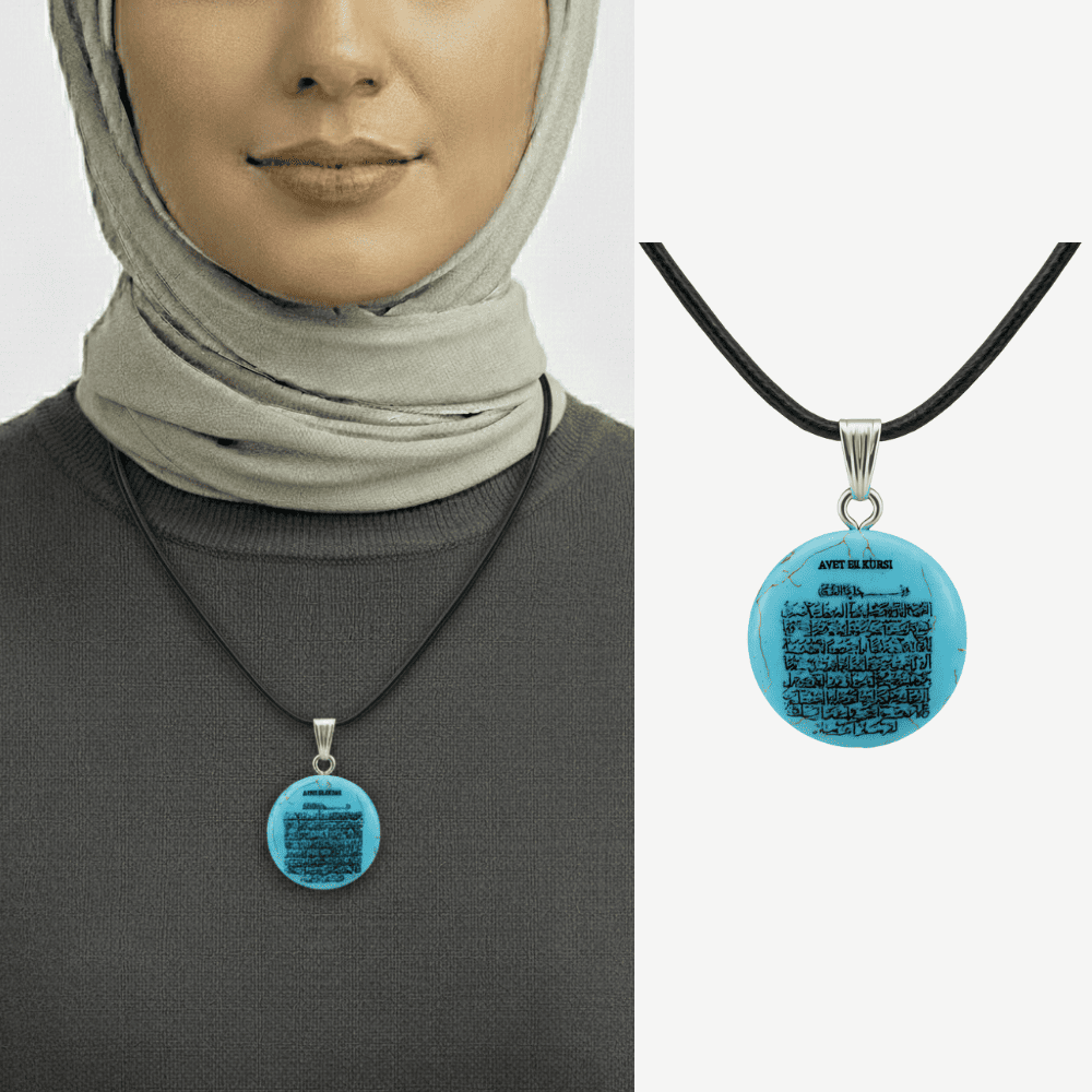 Kadın Firuze Doğaltaş Cevşen Kolye - Üzeri Ayetel Kürsi Yazılı - Oval Tasarım - Turkuaz Renk - 1