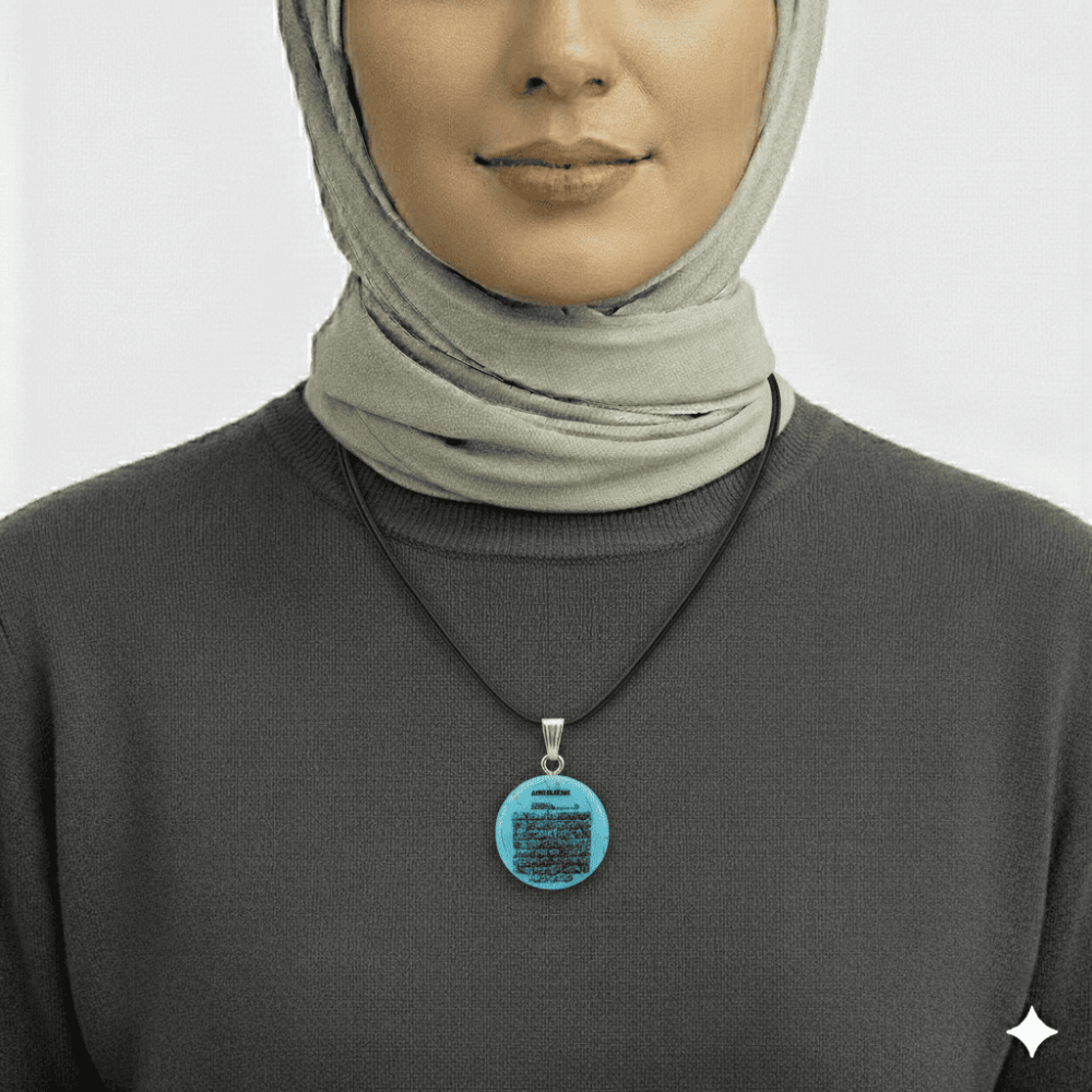 Kadın Firuze Doğaltaş Cevşen Kolye - Üzeri Ayetel Kürsi Yazılı - Oval Tasarım - Turkuaz Renk - 2
