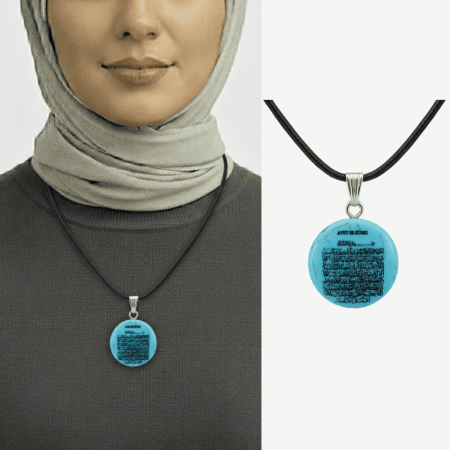 Kadın Firuze Doğaltaş Cevşen Kolye - Üzeri Ayetel Kürsi Yazılı - Oval Tasarım - Turkuaz Renk - Tesbihane