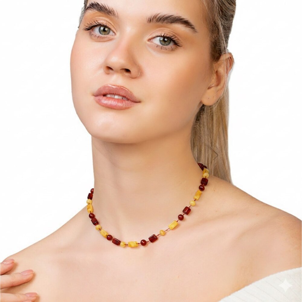 Kadın Hakiki Damla Kehribar Kolye - Doğal Form - Sarı Kırmızı Renk - 4