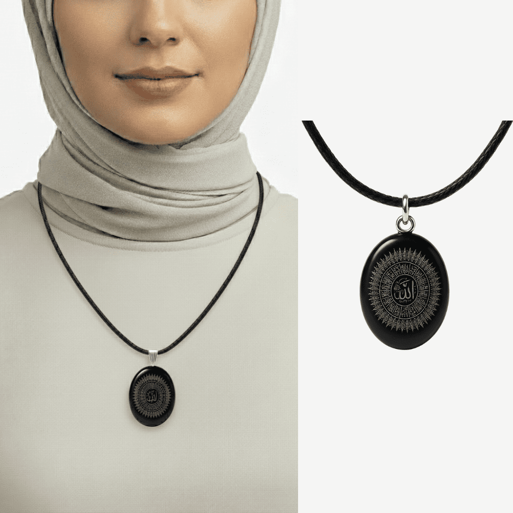 Kadın Oniks Doğaltaş Cevşen Kolye - Esmaül Hüsna Yazılı - Elips Tasarım - Siyah Renk - 1
